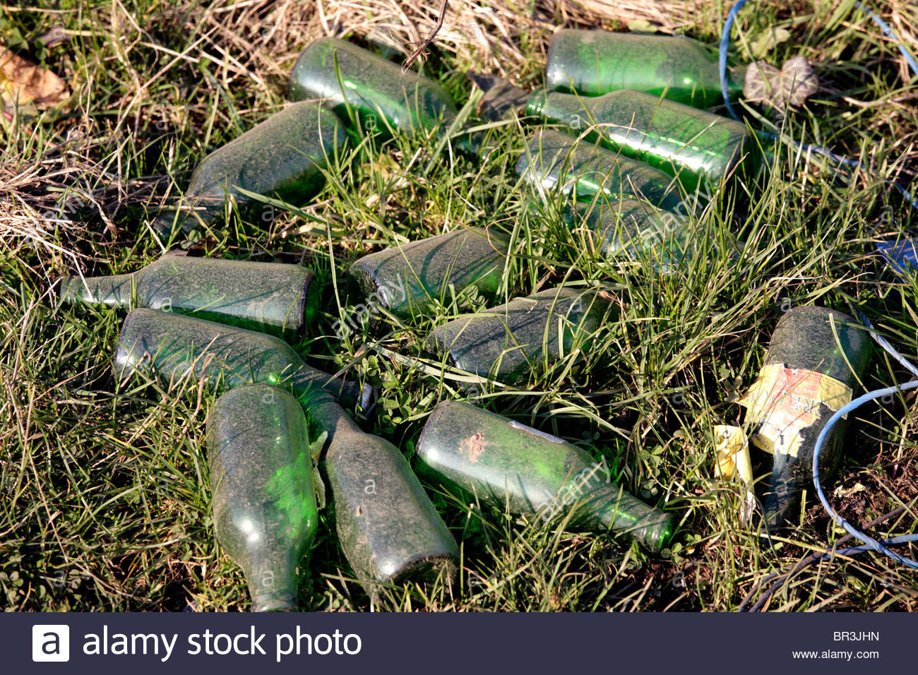 Glas-Flaschen fliegen kippte auf Grünstreifen Stockfoto