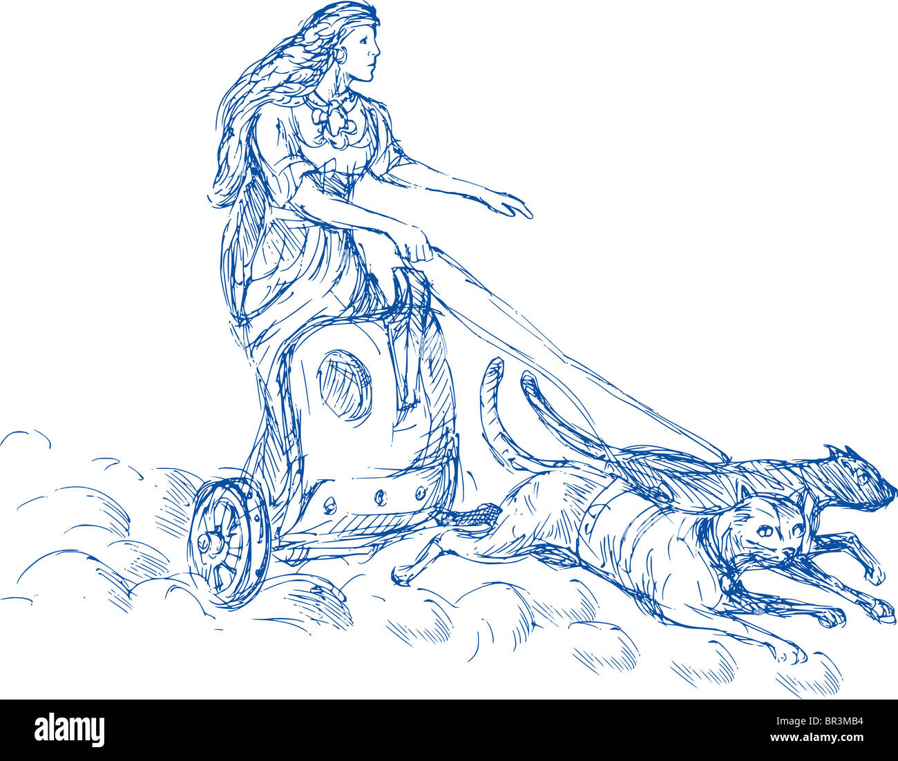 Illustration der Freya-nordische Göttin der Liebe und Schönheit, die auf einem Wagen, gezogen von zwei Katzen Stockfoto