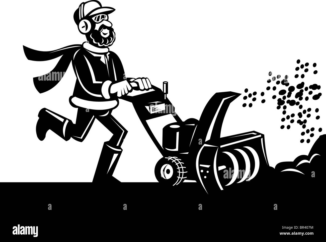 Cartoon-Stil-Vektor-Illustration eines Mannes Betrieb eine Schneefräse oder Schneefräse getan in schwarz und weiß. Stockfoto