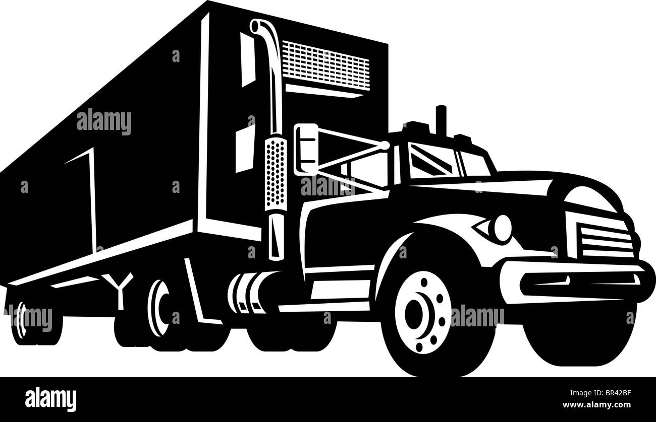 Illustration des LKW mit van Containertrailer isoliert auf weiss Stockfoto