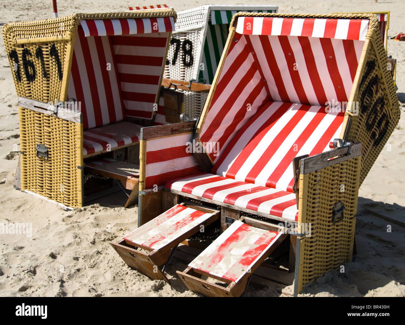 Liegestühle am Strand, Langeoog, Deutschland Stockfoto