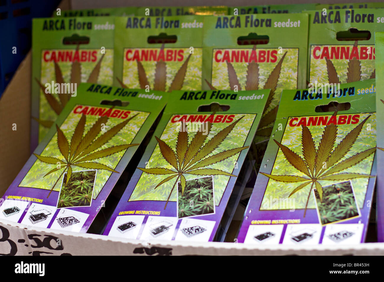 Cannabis-Samen zum Verkauf am Blumenmarkt in Amsterdam, Holland Stockfoto