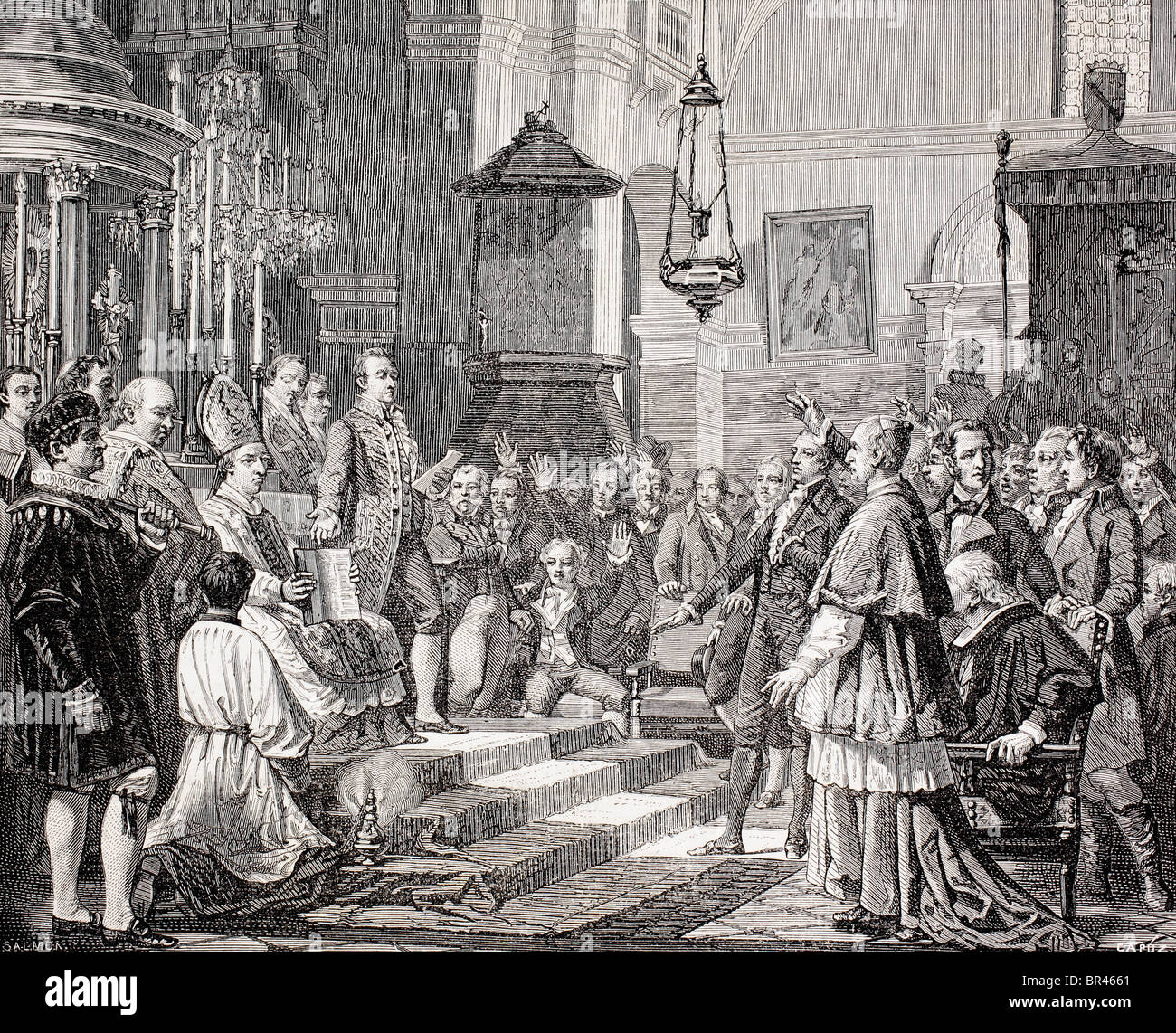 Angelobung der Abgeordneten während der Eröffnungsveranstaltung der Cortes von Cadiz, Spanien, 1810. Stockfoto