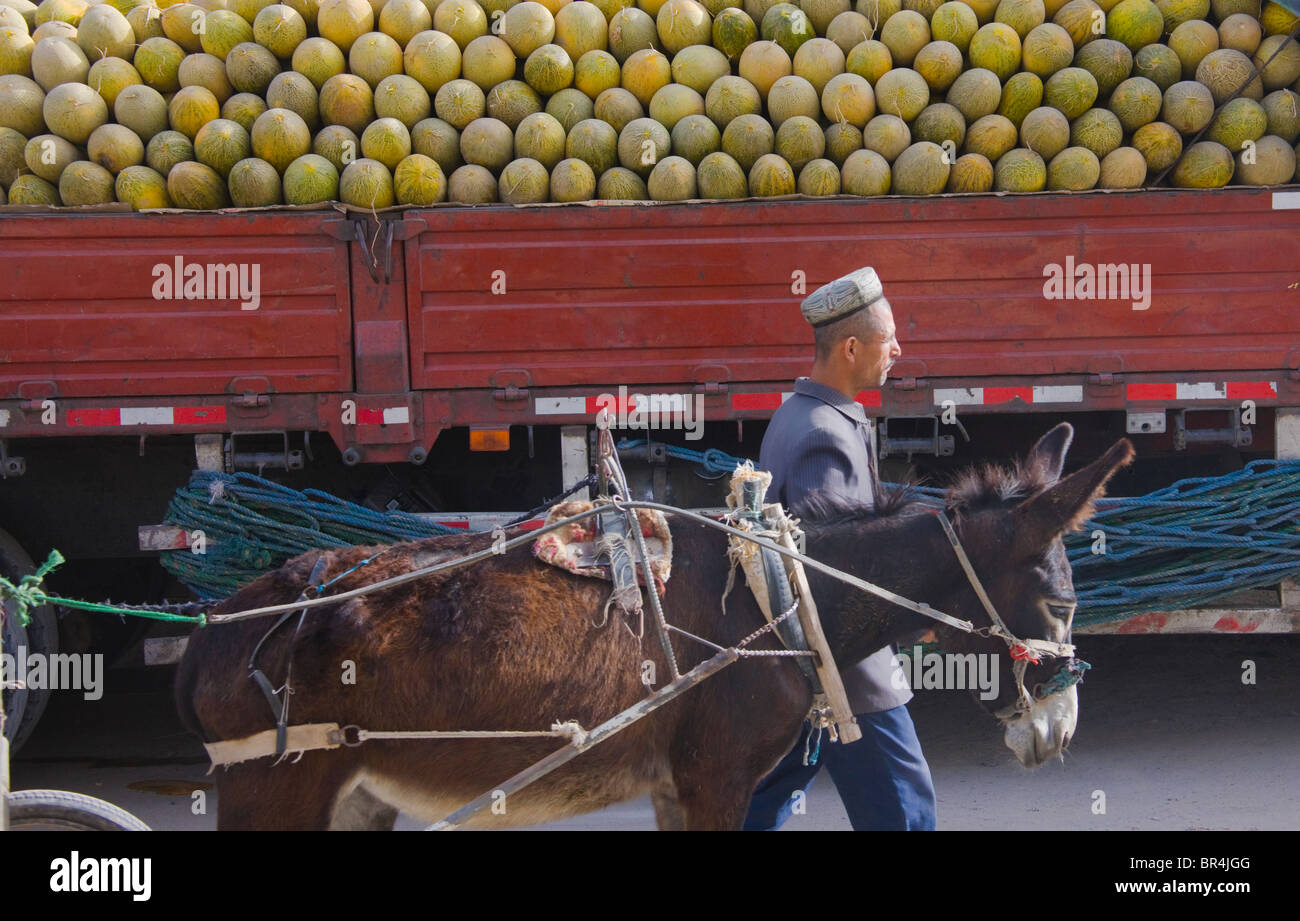 Melonen und Eselskarren, Hotan, Xinjiang, China Stockfoto