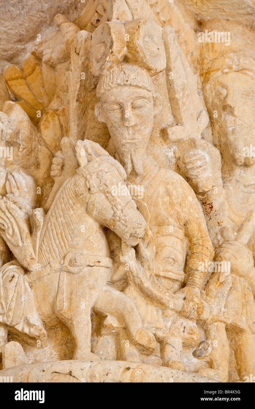Europa, Frankreich, Loiret (45), Saint-Benoit-Sur-Loire, Abtei, Hauptstadt Skulptur des äußeren Pfeiler Stockfoto