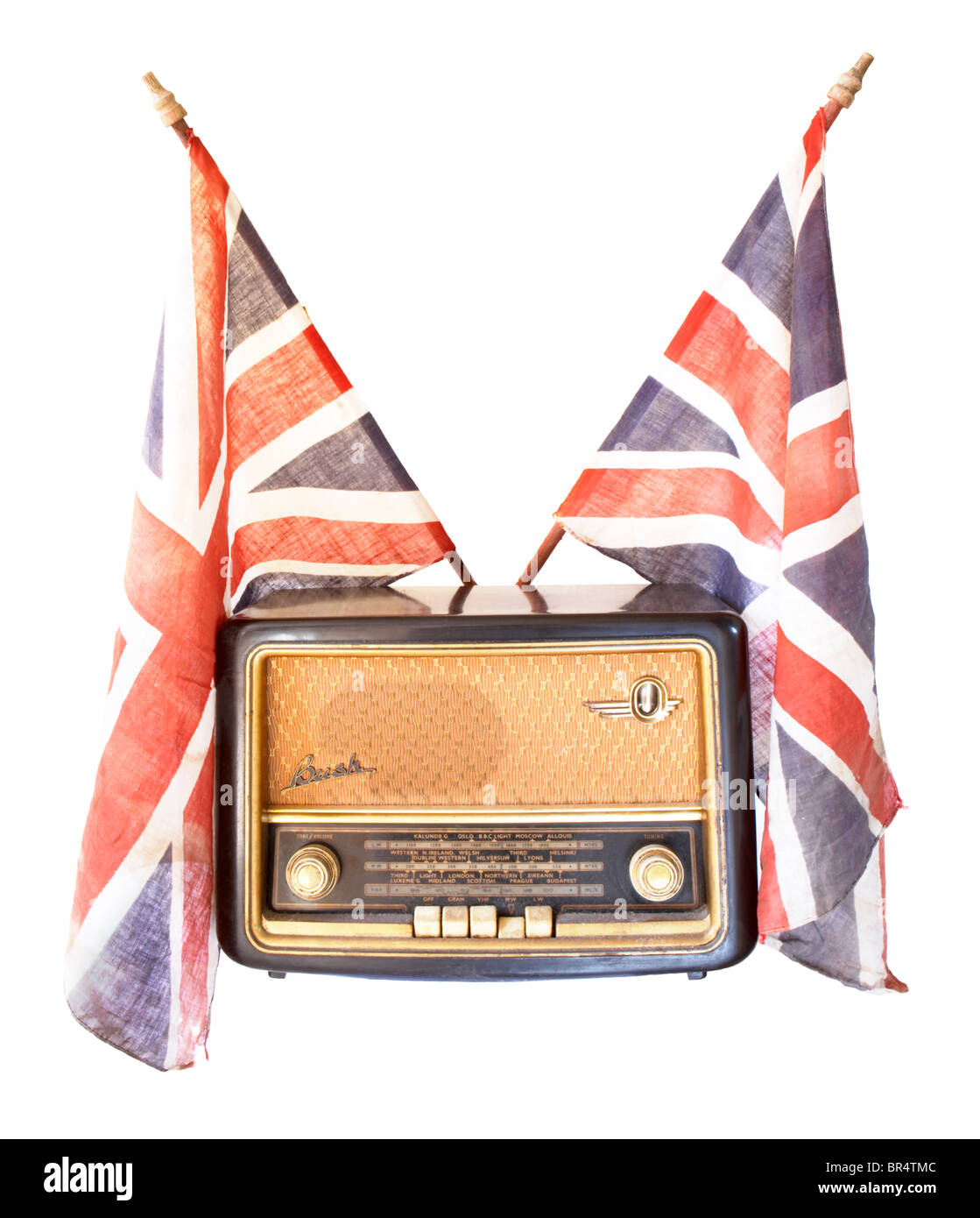 Antike Vintage Radio und Union Jack-Flaggen, die 1940 Blitz zu vertreten Stockfoto