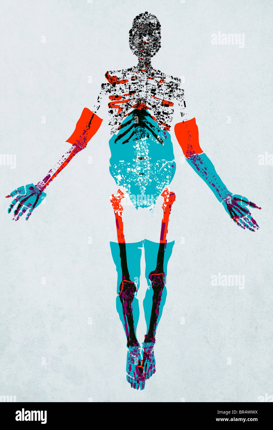 Eine Zeichnung einer menschlichen Figur mit Details von Muskeln, Sehnen und Knochen bestehend aus elektrischen Formen und Muster Stockfoto