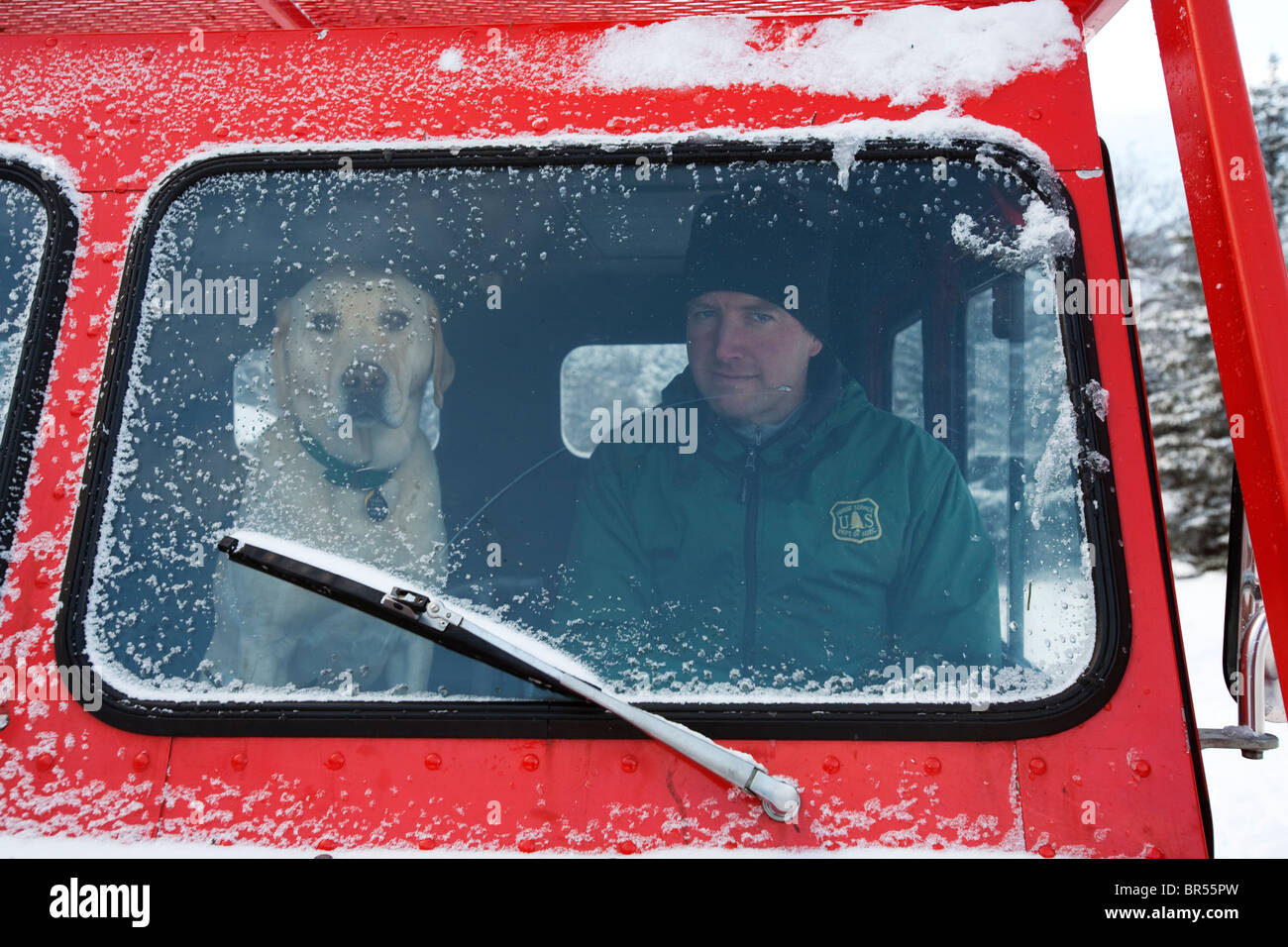 Führen Sie Snow Ranger mit seinem Rettungshund Lawine in einer Pistenraupe. Stockfoto