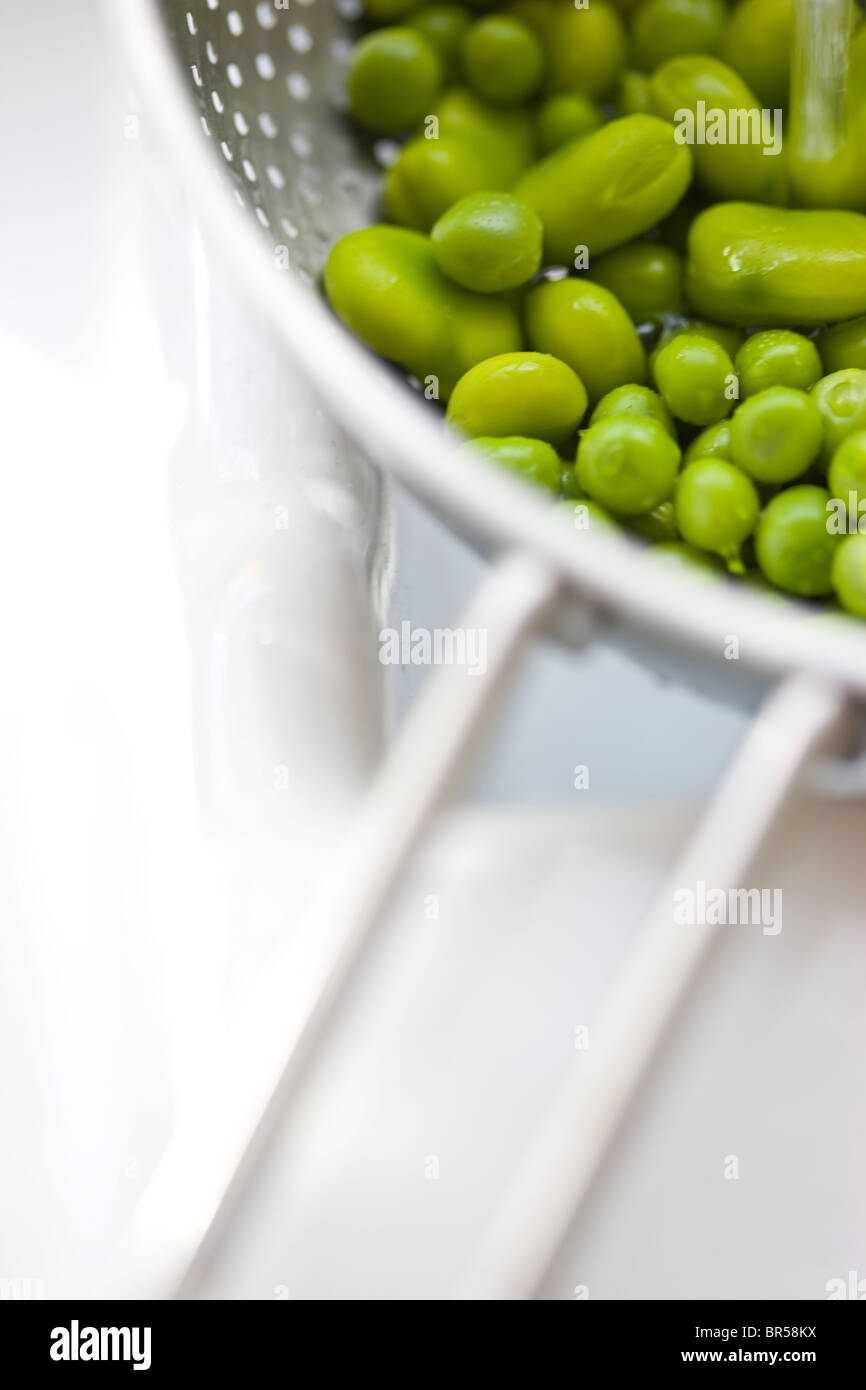 Dicke Bohnen und Erbsen in Sieb abtropfen Stockfoto