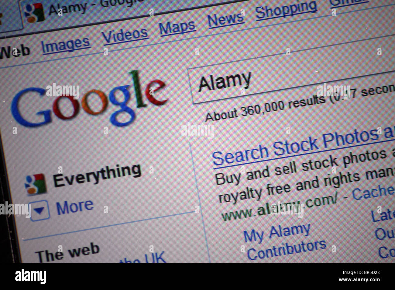 Suchen Sie im Internet in Googles Suchmaschine für die Alamy stock Fotografie-Website; wie in den Ergebnissen angezeigt Stockfoto