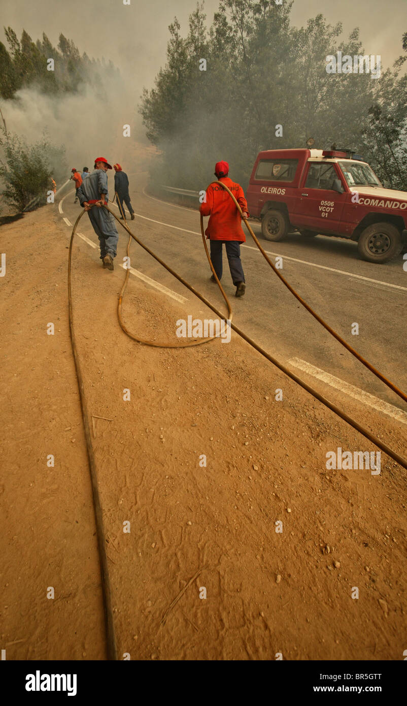 Feuerwehrleute ziehen die Wasserschläuche, wie sie versuchen, ein Lauffeuer in Zentralportugal löschen Stockfoto