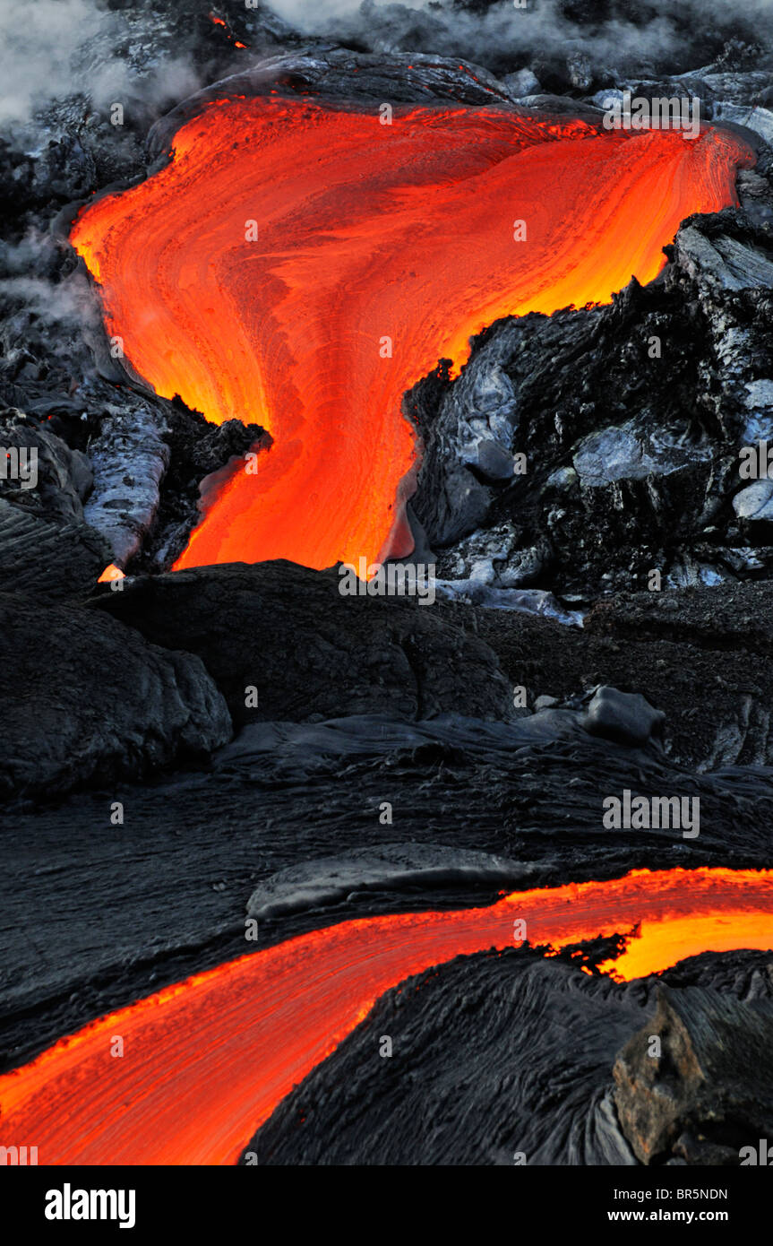 Fluss der geschmolzene Lava, Nahaufnahme, Kilauea Vulkan, Hawaii Inseln Stockfoto