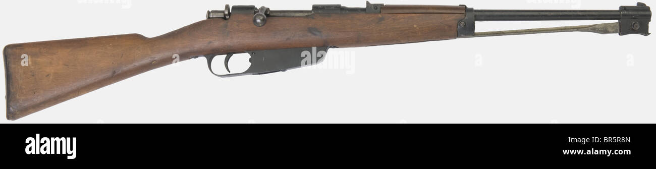 Ein italienisches Kavallerien-Kurzgewehr Carcano M 1938, Kaliber 6,5 x 52, Seriennummer SD 5863. Schwarz neu lackiert Nachkriegs, vereinfachter Anblick, gestempelt 6,5 mm, hergestellt im Jahr 1942, ohne Schlinge. Historisch, historisch, 1930er, 1930er, 1930er, 20. Jahrhundert, Gewehr, Waffen, Feuerwaffen, Feuerwaffen, Feuerwaffen, Feuerwaffen, Waffen, Waffen, Waffen, Arm, Kampfgerät, Objekt, Objekte, Stills, Clipping, Clippings, ausschneiden, ausschneiden, Ausschnitte, militärische Ausrüstung, Militaria, Ausrüstung Stockfoto