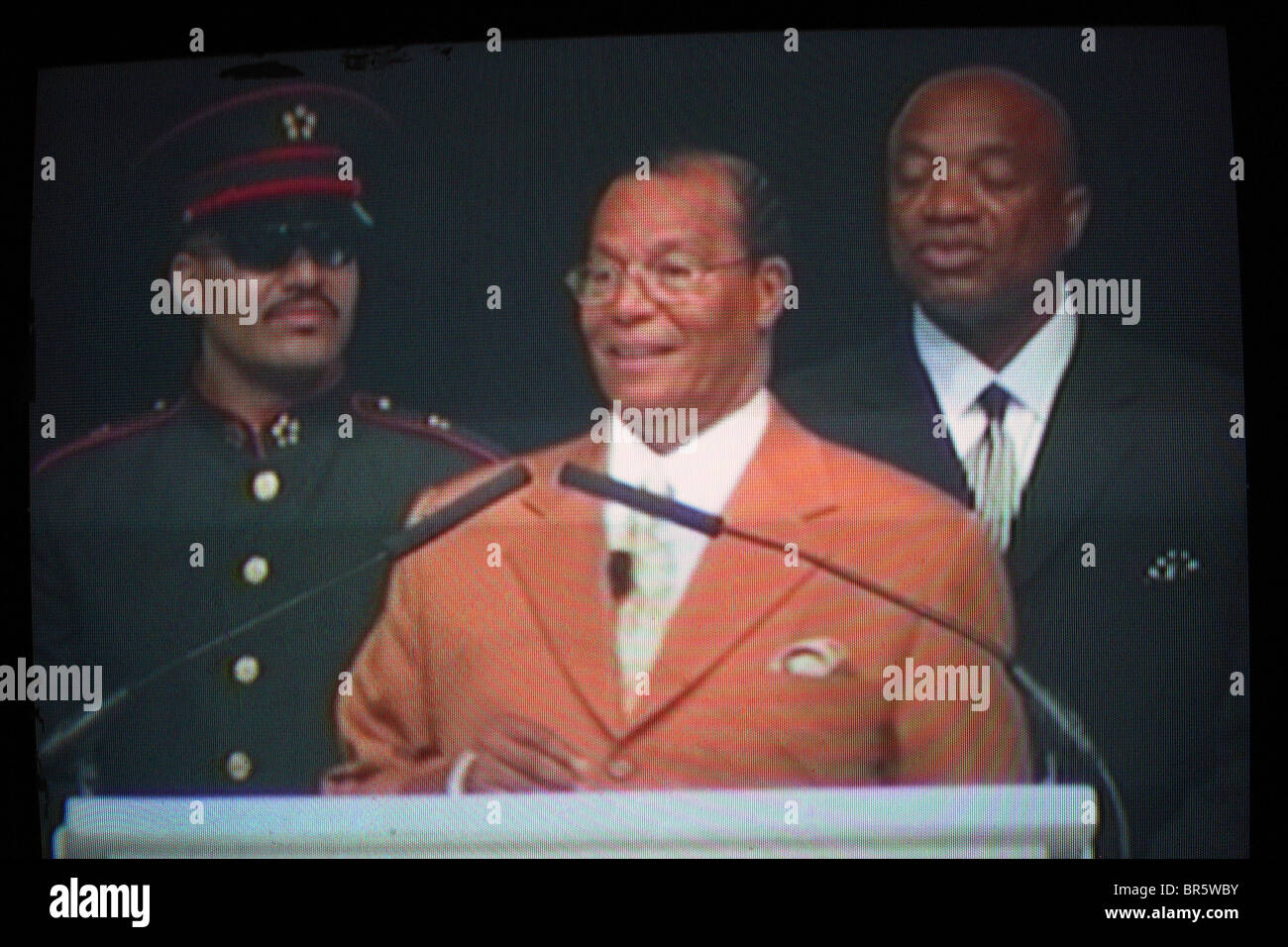 Minister Louis Farrakhan, Nation of Islam, während einer live-TV verbinden aus Chicago USA für seine Retter Tag Adresse. Stockfoto