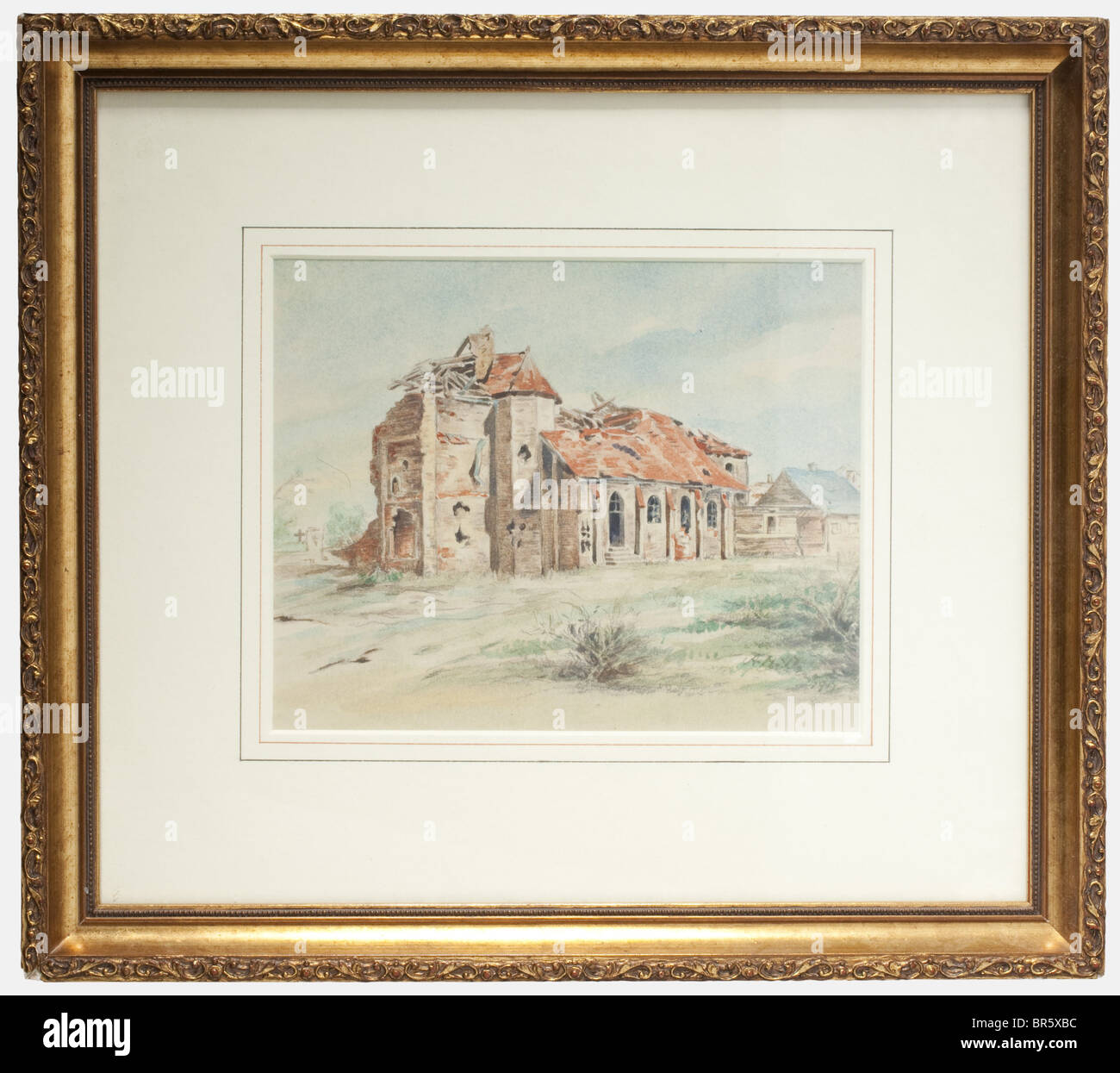 Adolf Hitler, ein Aquarell einer Kirchenruine in Flandern-Stift und Aquarelle auf Papier, signiert und mit 'A. Hitler 1917' rechts unten. Unter Glas, montiert und gerahmt. Größe des Bildes 17 x 21 cm, gerahmt 33,5 x 37,5 cm. Inhaltlich gehört dieses Aquarell von vorne zu den Werken Hitlers. Es wurde während des Ersten Weltkriegs gemalt und im April 1936 in einem Sonderband von Heinrich Hoffmann herausgegeben. Die Akte enthielt eine ähnliche Bleistiftzeichnung, die das Datum 27. Juni 1917 trug und die Kirche von Ardoye etwa 30 km südlich von Brüggen darstellte, Stockfoto