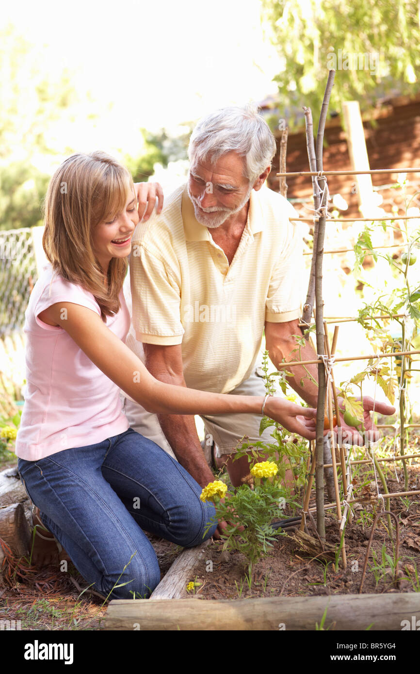 Teenager Enkelin und Großvater entspannend im Garten Stockfoto