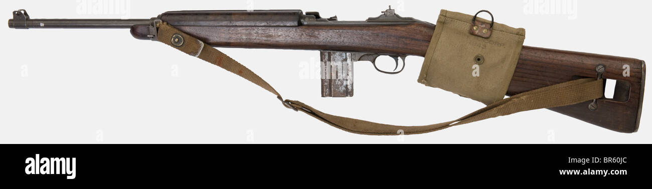 Ein amerikanisches halbautomatisches Karbin US M1, Kaliber 30 US, Nummer 4616355, hergestellt von "ROCK-OLA". Originalbeschichtung, mit Magazintasche auf dem Vorrat, gestempelt "gen.S.Corp" und mit Datum "1943", Stoffschlinge. Historisch, historisch, 1930er, 20. Jahrhundert, Gewehr, Waffen, Feuerwaffen, Feuerwaffen, Feuerwaffen, Feuerwaffen, Waffen, Waffen, Waffen, Arm, Kampfgerät, Objekt, Objekte, Fotos, Clipping, Clippings, herausschneiden, ausschneiden, militärische Ausrüstung, Ausschnitte, Ausschnitte, Ausschnitte, Ausschnitte, militärische Ausrüstung, Ausschnitte Stockfoto