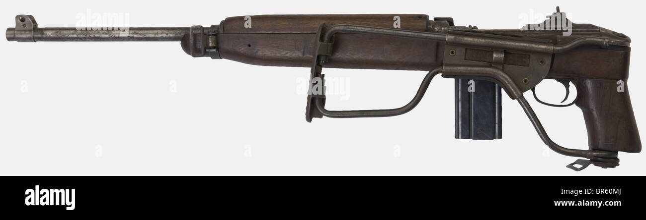Ein halbautomatisches Karabiner M1 für Fallschirmjäger, Kaliber 30 US, Nummer 137504, hergestellt von "INLAND DIVISION", gestempelt "12/42" unter dem Fass. Der Griff, der auf dem Rücken von Hand geschnitzt wurde, der Lauf leicht angepfiffen, kein Bläuling mehr, keine Schlinge. Historisch, historisch, 1930er, 1930er, 1930er, 20. Jahrhundert, Gewehr, Waffen, Feuerwaffen, Feuerwaffen, Feuerwaffen, Waffen, Waffen, Waffen, Waffen, Arm, Kampfgerät, Objekt, Objekte, Stillstände, Clipping, Clippings, herausschneiden, herausschneiden, Ausschnitte, militärische Ausrüstung, Militaria, Ausrüstung Stockfoto