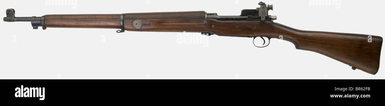 Ein amerikanisches Bolt Action-Gewehr U.S. 17, hergestellt von Remington. Kaliber 30/06, Seriennummer w172632. Breit gestempelte Dioptrienenvisier, seitliche Sichteinrichtung für große Reichweite (einige Teile fehlen). Original Bluing, Hebegurt fehlt. Historisch, historisch, 1930er, 1930er, 1930er, 20. Jahrhundert, Feuerwaffe, Feuerwaffe, Pistole, Feuerwaffen, Schusswaffen, Waffen, Waffen, Waffen, Waffen, Objekt, Objekte, Stills, Clipping, Clippings, Cut Out, Cut-out, Cut-outs, Stockfoto