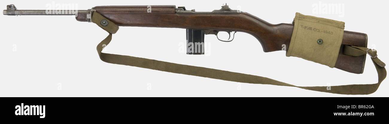 Ein halbautomatisches amerikanisches Karbin US M1, hergestellt von Underwood im Jahr 1944 ('1-44'). Kaliber 30 U.S., Seriennummer 2474111, mit ursprünglichem Bläuen und Magazinbeutel. Historisch, historisch, 1930er, 20. Jahrhundert, Feuerwaffe, Feuerwaffe, Pistole, Feuerwaffen, Schusswaffen, Waffen, Waffen, Waffen, Waffen, Objekt, Objekte, Stills, Clipping, Ausschneiden, Ausschneiden, Ausschneiden, Ausschneiden, Stockfoto