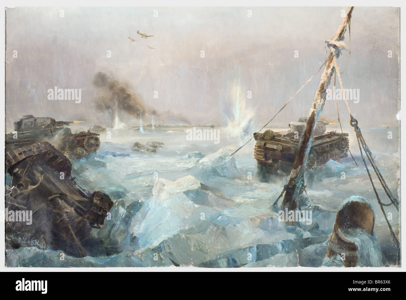 Hans Liska (1907 - 1983) - "Panzerspitze"., Gemischte Technik auf Pappe. Panzer IV im Kampf mit feindlichen Panzern auf einem rivenen Eisfeld inmitten versunkener Schiffe und eines zerstörten Panzers. Im winterlich grauen Himmel greift Stukas eine brennende Stadt am Horizont an. Unterer links "Hans Liska 42" unterzeichnet. Defekte und Befestigungslöcher. Abmessungen 101 x 69 cm. Hans Liska studierte an der Wiener Kunstgewerbeschule bei Loeffler und war Schüler von Prätorius an der Kunstgewerbeschule München, 1932 begann er als Medienillustrator bei der Berliner Illustrierten Zeitung zu arbeiten, auch Stockfoto