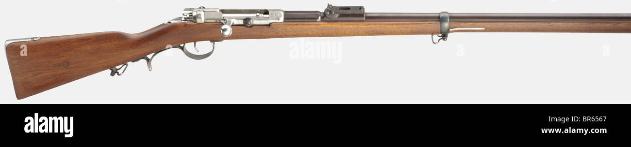 Ein Modell 1871 "Jäger" Gewehr, Mauser Oberndorf, 11 mm cal., nein 4354. Vollständig übereinstimmende Nummern einschließlich aller Schrauben. Spiegelgleiche, 4-Rillen-Rillbohrung, Fasslänge 72 cm. Faltbare Rahmen-Sehenswürdigkeiten. Auf der mit "GEBR." markierten Fasswurzel Mauser & CO. OBERNDORF", links am Empfänger mit der Aufschrift "B.MOD.71", rechts mit dem Stempel "1876" versehen. Abnahmezeichen an allen Teilen. Komplett in brauner Ausführung, blutete Armaturen, Schloss und Empfänger in Weiß. Makelloser Walnussbestand mit tiefen Stempeln, gebogenem Auslöseschutz mit verlängerter, leicht abgenutzter Fingerauflage, Reinigungsstange und Stockfoto