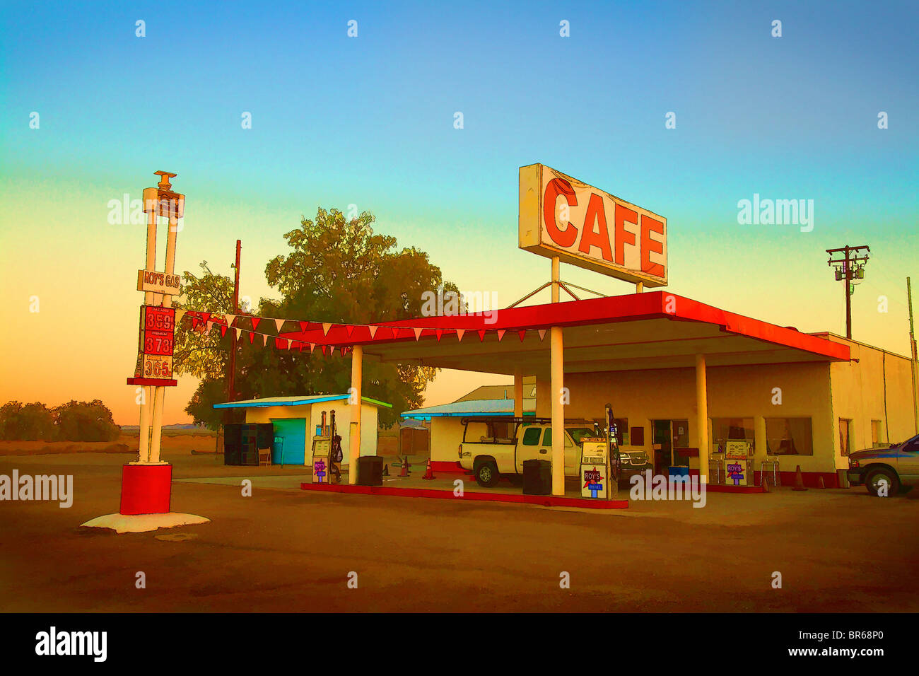 Roys Motel-Café Zeichen, alte Route 66, Amboy, CA, USA Stockfoto