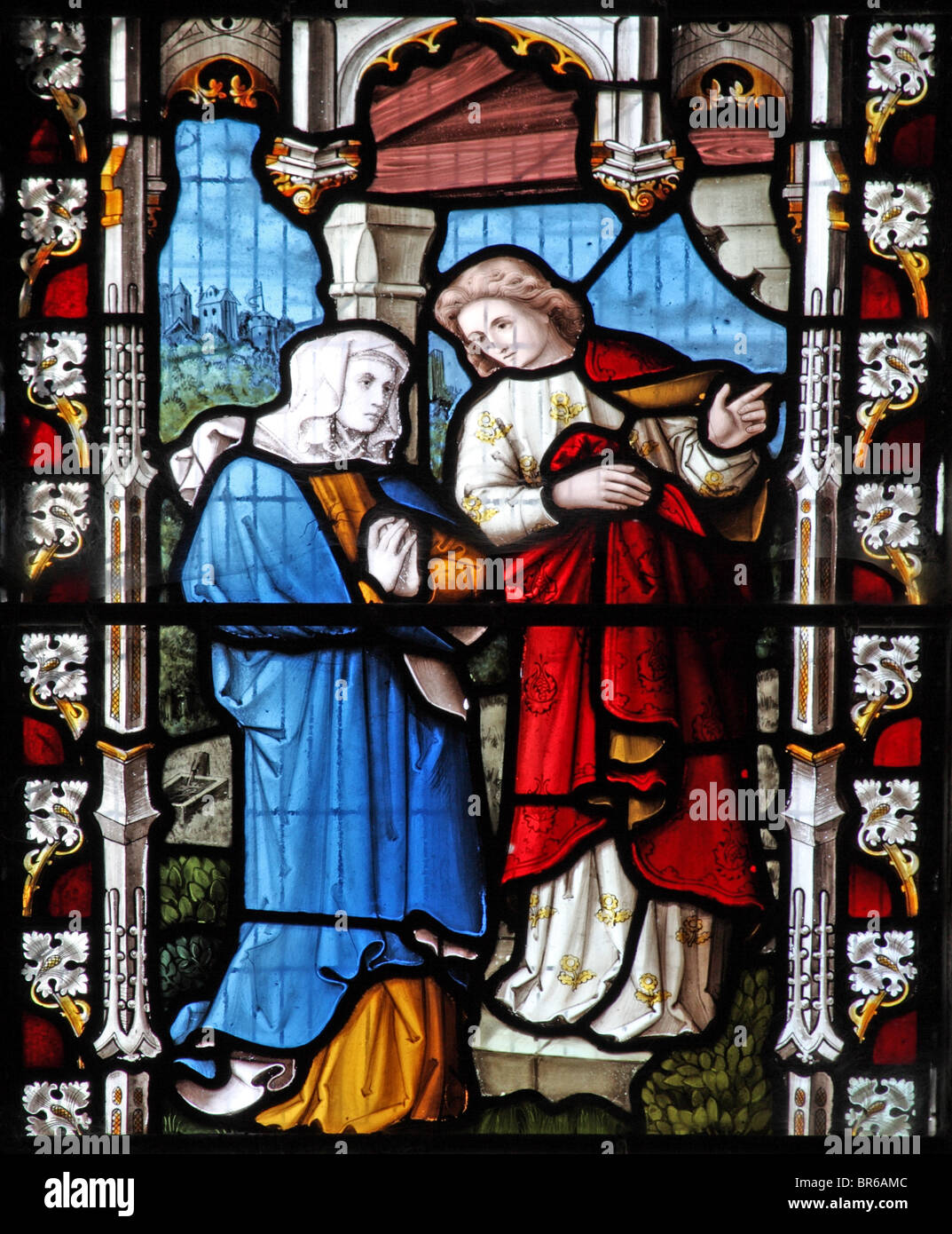 Ein Buntglasfenster von 1870 von Lavern, Barraud & Westlake, das einen Akt der Corporal Mercy darstellt; geben Sie dem Reisenden, Marhamchurch, Cornwall, Schutz Stockfoto