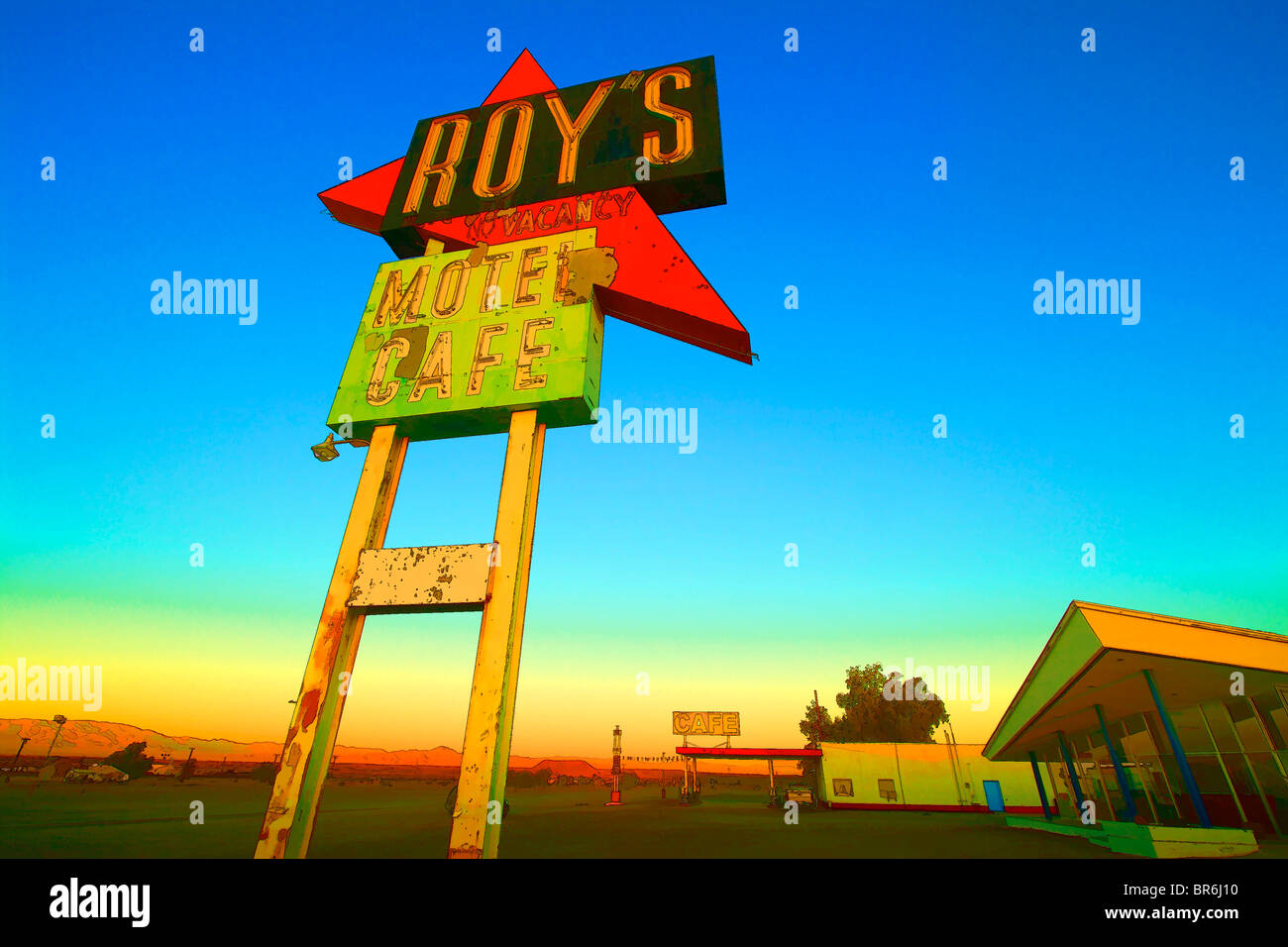 Roys Motel-Café Zeichen, alte Route 66, Amboy, CA, USA Stockfoto