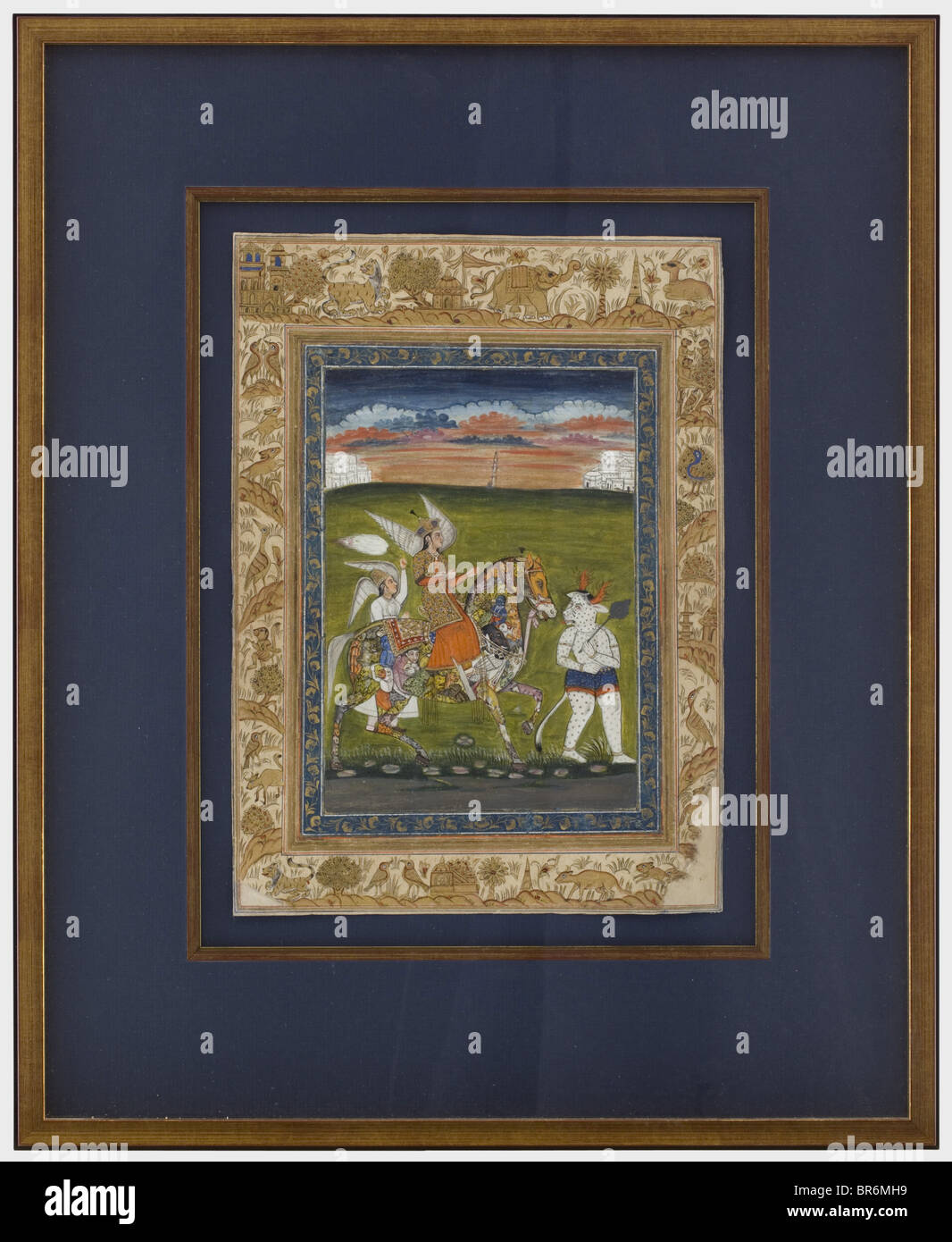 Eine nordindische Miniatur, 18. Jahrhundert. Gouache auf Papier. Engel zu Pferd begleitet von einem anderen Engel und einer Gottheit, die einen Kriegsverein (Gurz) trägt. Der Körper des Pferdes setzt sich aus mehreren Figuren und Tieren zusammen. Doppelte Langeweile bei Blumen- und Tiermotiven. Gerahmt, unter Glas und Passepartout. Abmessungen des Rahmens 46 x 56,5 cm. Bilder zusammengesetzter Tiere sind in mehreren späten, indischen Gemälden bekannt. Vgl. "Reinventing Nature: Mughal Composite Animal-Painting" sowie Som Prakash Verma, 1999, Flora and Fauna in Mughal Art, S. 69 ff. Historisch, historisch, 18. Jahrhundert, Stockfoto