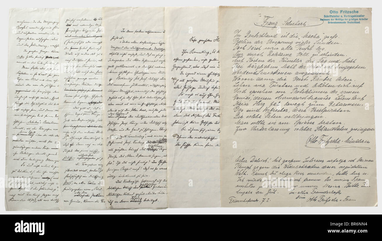 Dietrich Eckart (228-1923) - verschiedene Manuskripte, 191/23., Briefentwurf an Otto Hauser (50-1932), Schweizer Archäologe und Autor (Geschichte des Judentums, 1921), München, 18. März 1921, Tinte, unfertig, unsigniert, eine Seite DIN A4. Eckart kritisiert die Komposition und die Folgen von Hausers Buch "Geschichte des Judentums", das er für oberflächlich und unerheblich halte: "Ich kann Ihre Bemerkung ehrlich gesagt nicht akzeptieren, "Sie kann nicht allzu oft angegeben werden". Wir haben beide dasselbe Thema behandelt, aber dass wir gemeinsame Meinungen darüber teilen, ist einfach unwahr". Mit drei (nicht konse, Stockfoto