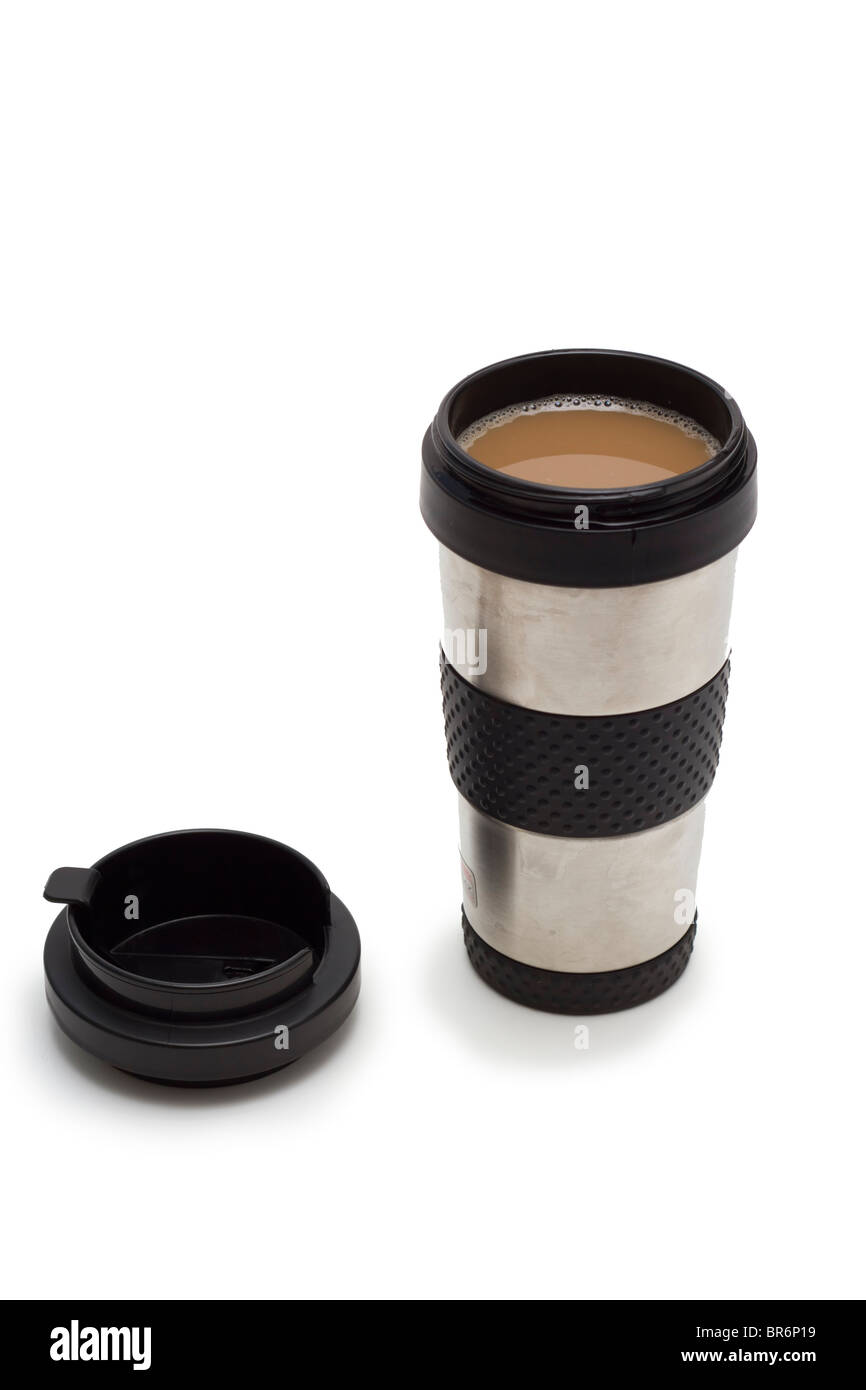 Thermo Becher mit heißem Kaffee Stockfoto