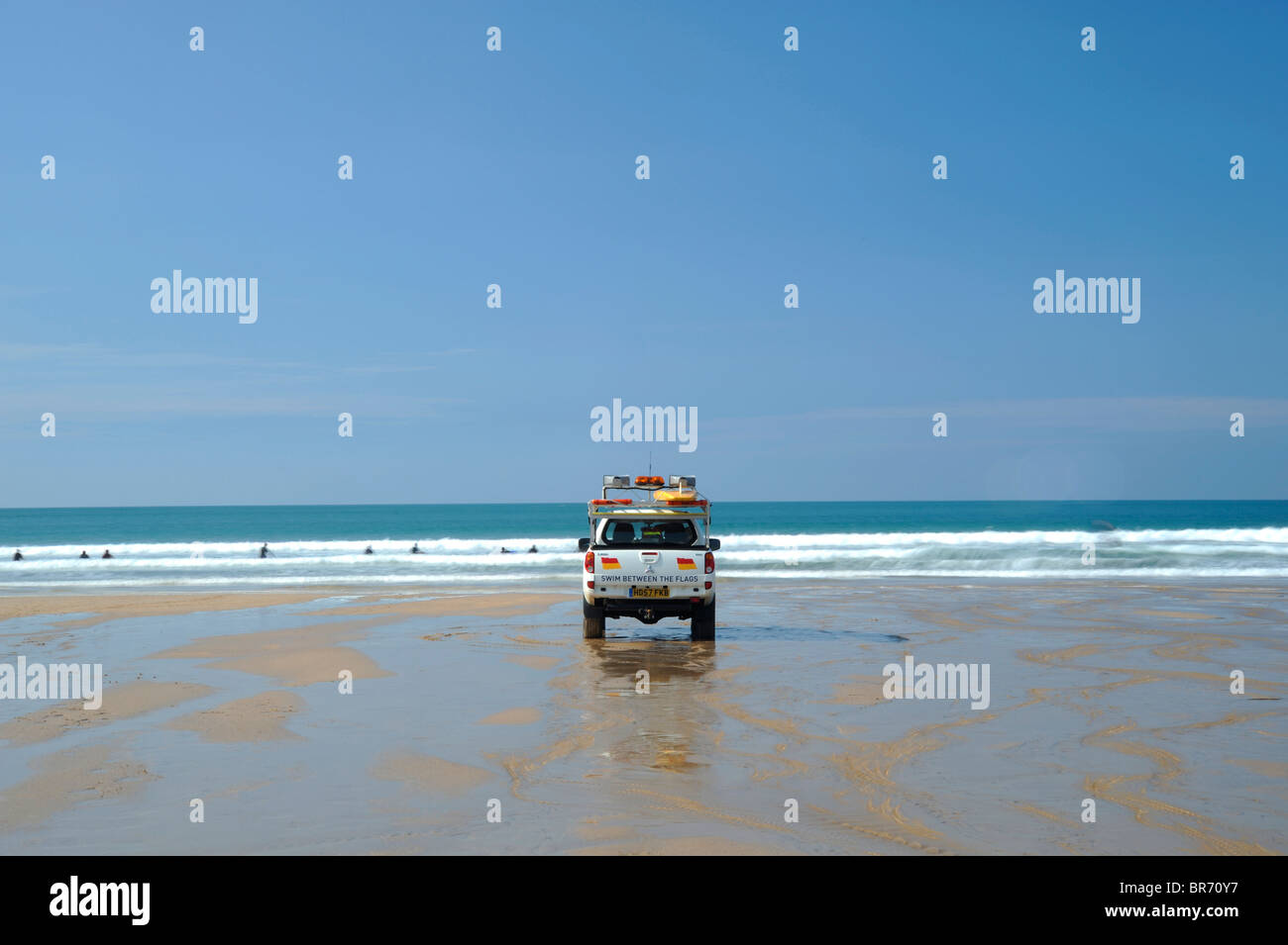 Rettungsschwimmer LKW auf Fistral Strand, Newquay, Cornwall, UK. September 2008. Stockfoto