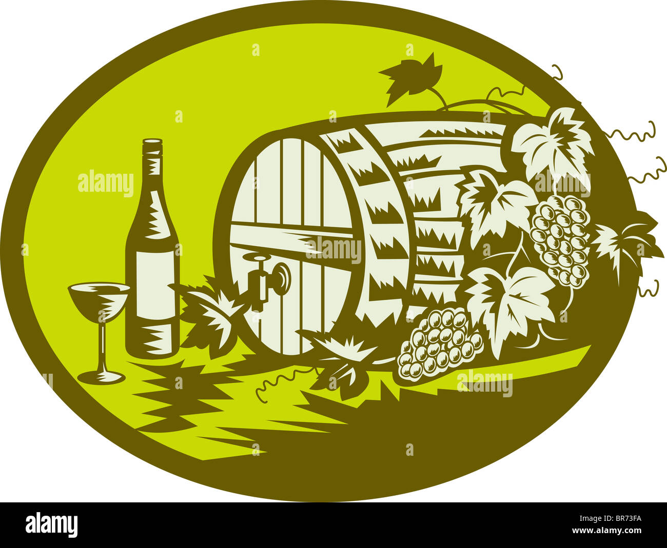 Weinfass oder hölzerne Fass mit Weinreben und Obst und Wein Flasche und Glas getan in Retro-Holzschnitt Stil Abbildung Stockfoto