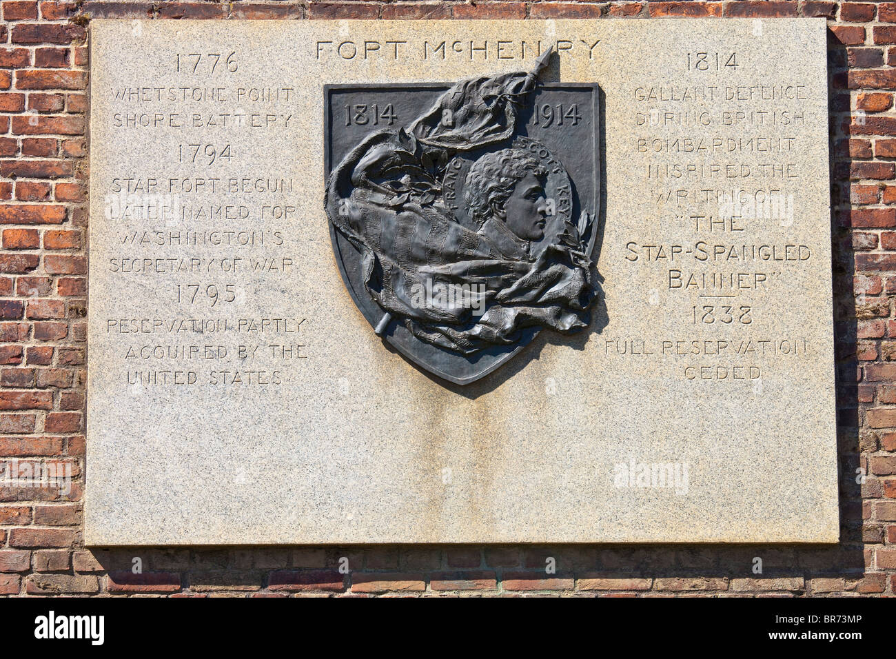 Gedenktafel am Fort McHenry, Balitmore, MD Stockfoto