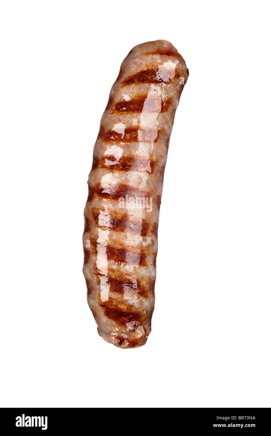 Eine gegrillte Bratwurst isoliert auf einem weißen Hintergrund. Stockfoto