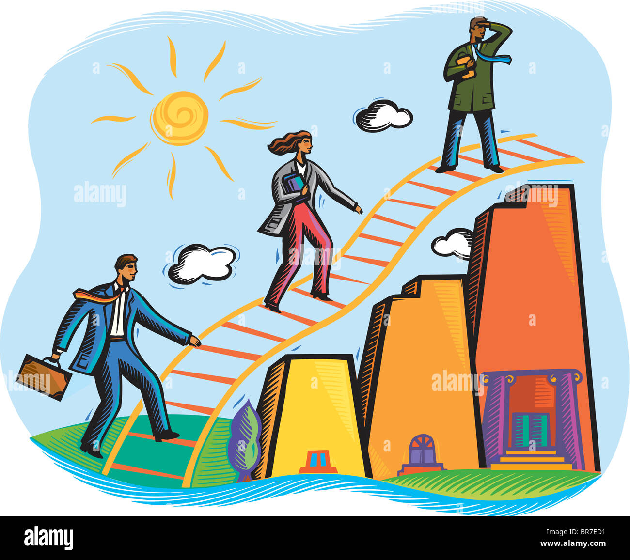 Geschäftsleute, die einen Aufstieg über Gebäude Stockfoto