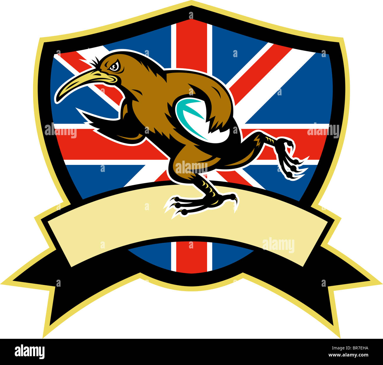 Beispiel für eine Kiwi-Rugby-Spieler mit Ball und Briten oder Großbritannien Fahne und Schild Stockfoto