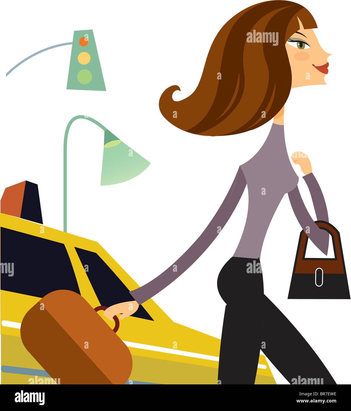 eine Frau hält einen Aktenkoffer während Schritt weg von einem taxi Stockfoto