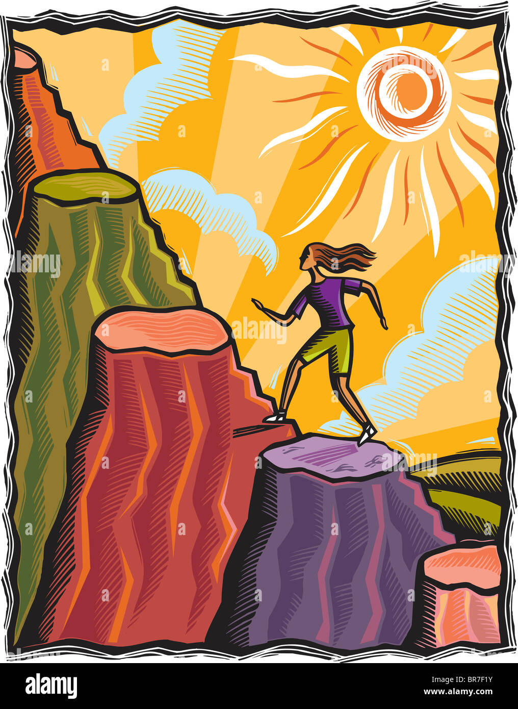 Eine Frau, die eine Reihe von bergigen Schritte Wandern Stockfoto