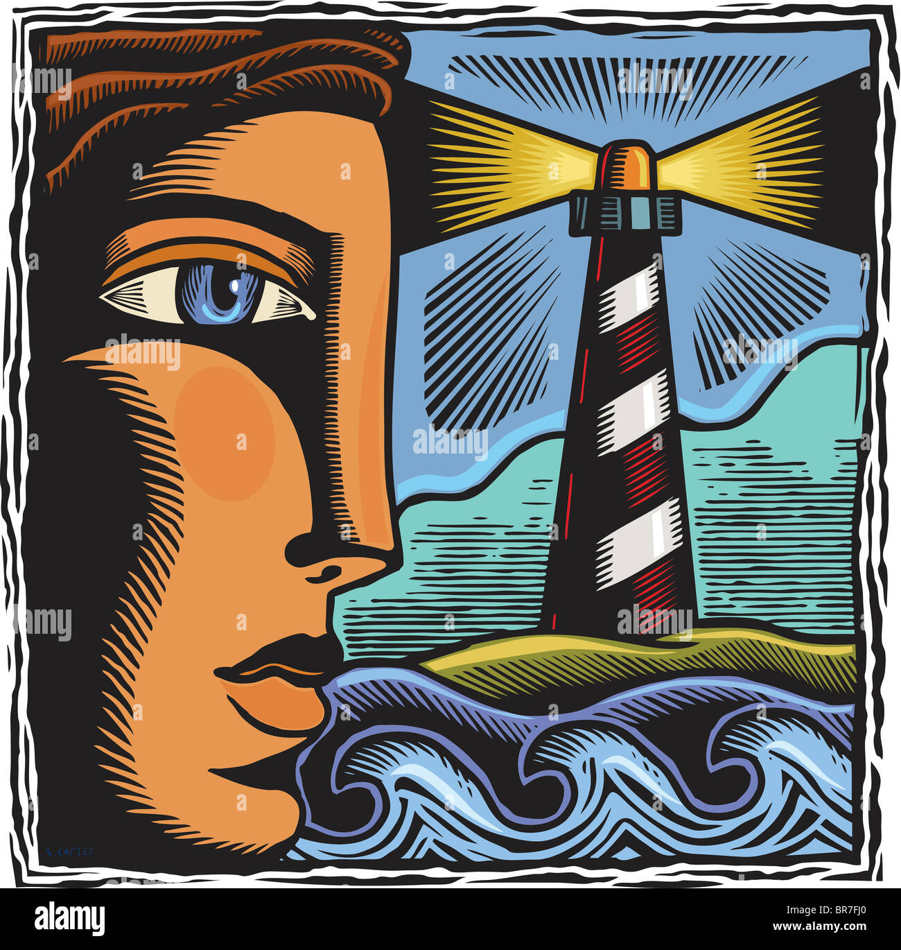 Ein Profil der Person und ein Leuchtturm und das Meer im Hintergrund Stockfoto