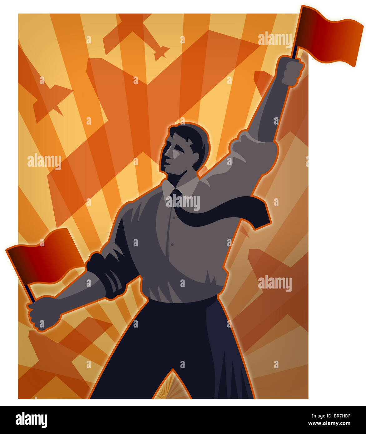 Ein Geschäftsmann hält kleine rote Fahnen und Leitung des Flugverkehrs Stockfoto