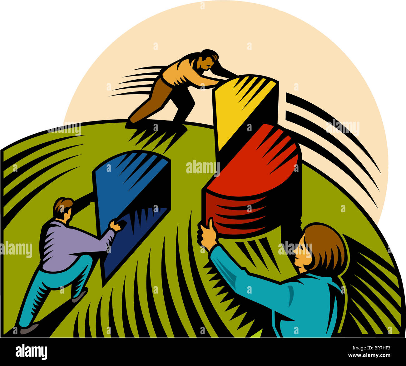 Ein Team passend große Puzzleteile zusammen Stockfoto