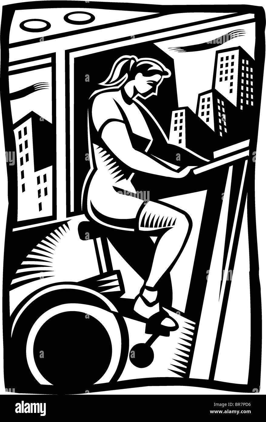 Ein schwarz-weiß Zeichnung einer Frau auf einem stationären Fahrrad Ausübung Stockfoto