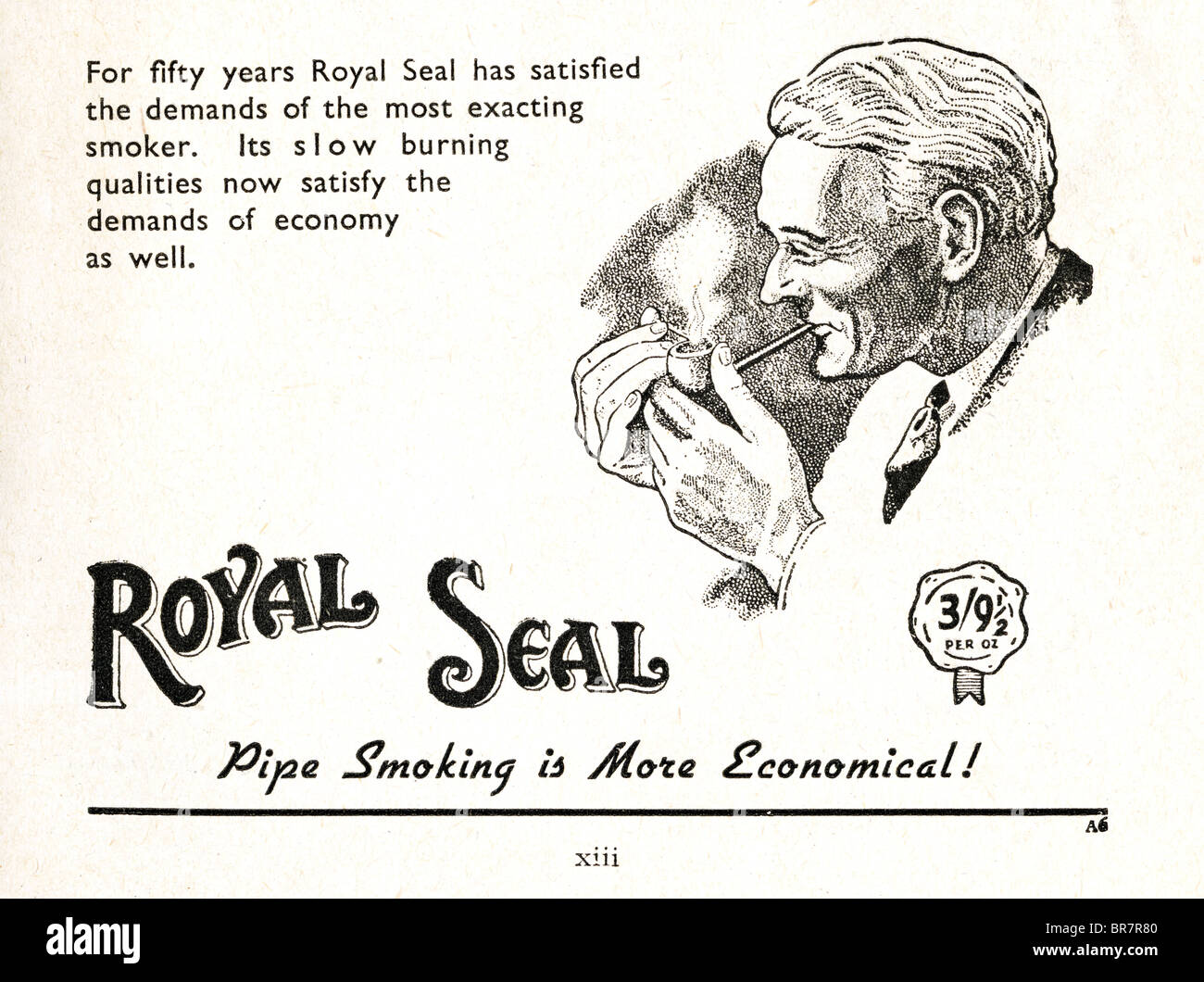 Schwarz / weiß Anzeige für königliche Siegel Pfeifentabak in Lilliput Magazin vom November 1947 Stockfoto