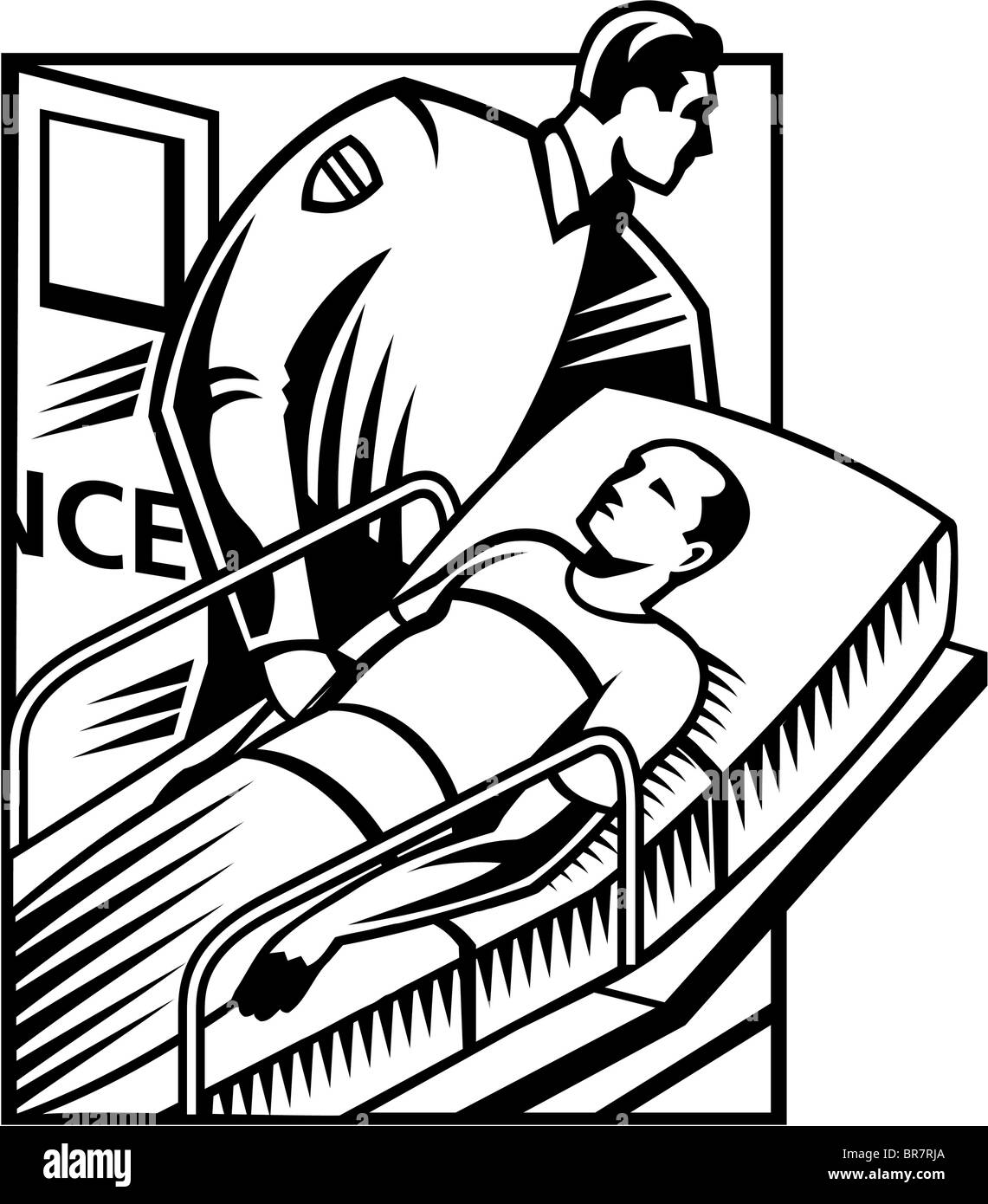 Eine schwarz / weiß Darstellung eines Patienten werden in der Notaufnahme auf Rädern Stockfoto