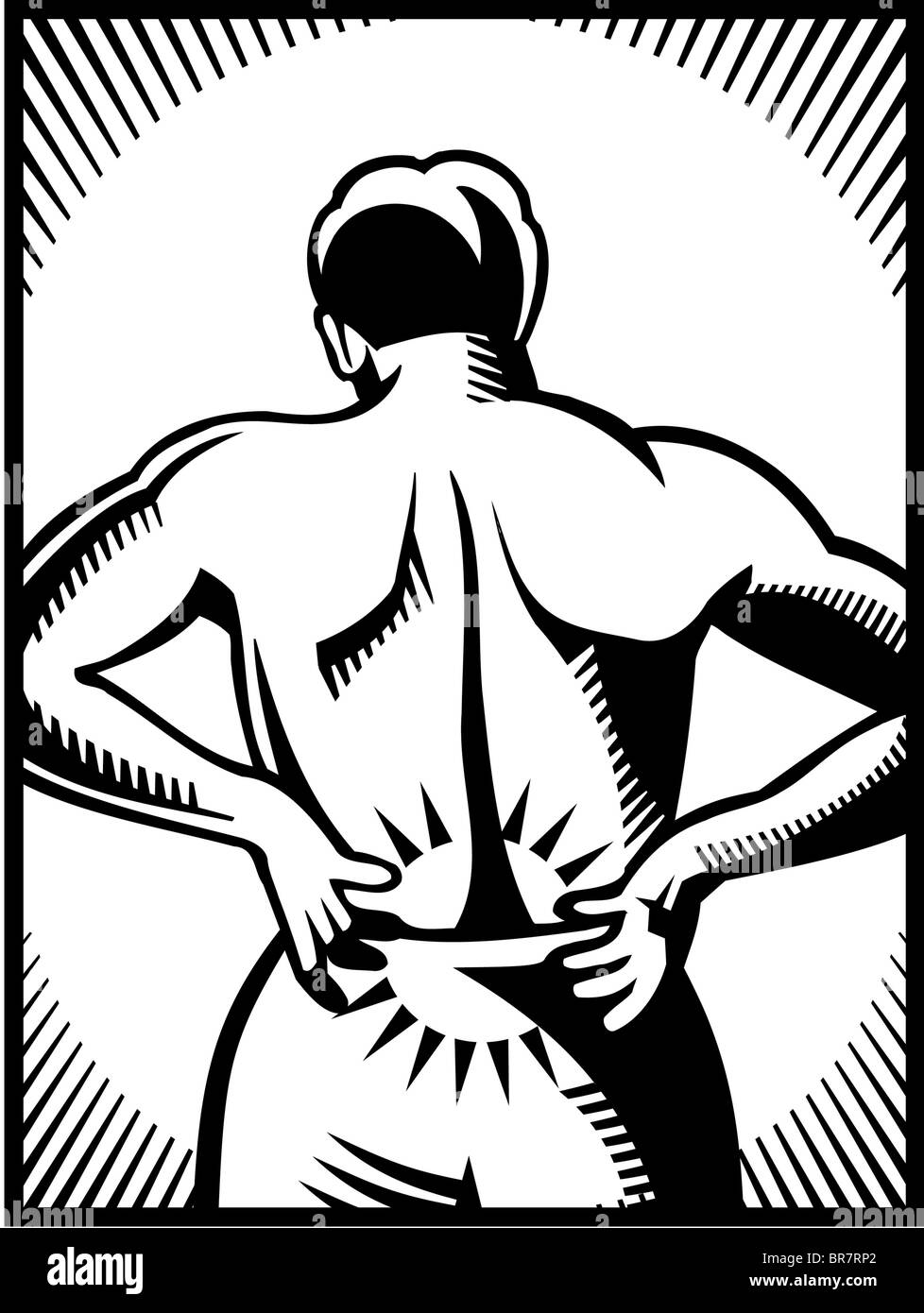 Eine schwarz / weiß Darstellung eines Mannes mit Schmerzen im unteren Rücken Stockfoto