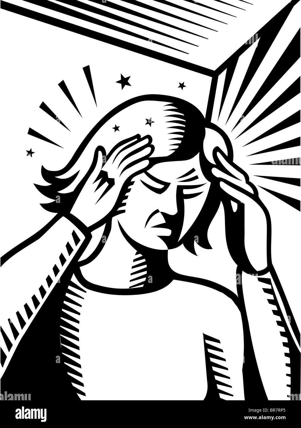 Eine Frau, die eine schlechte Migräne Schmerzen gezeigt in schwarz / weiß Stockfoto