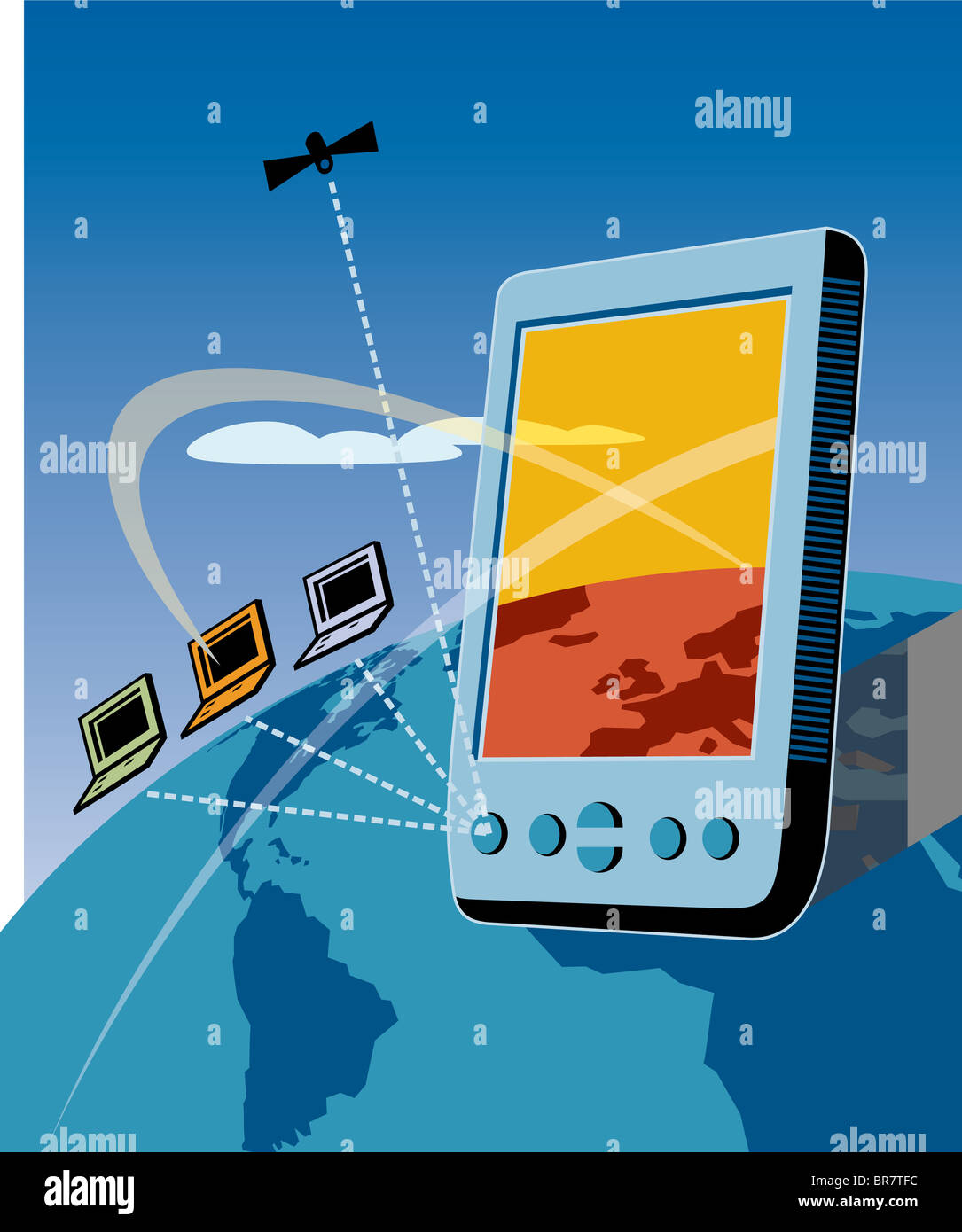 Satelliten-Kommunikation über den PDA Stockfoto