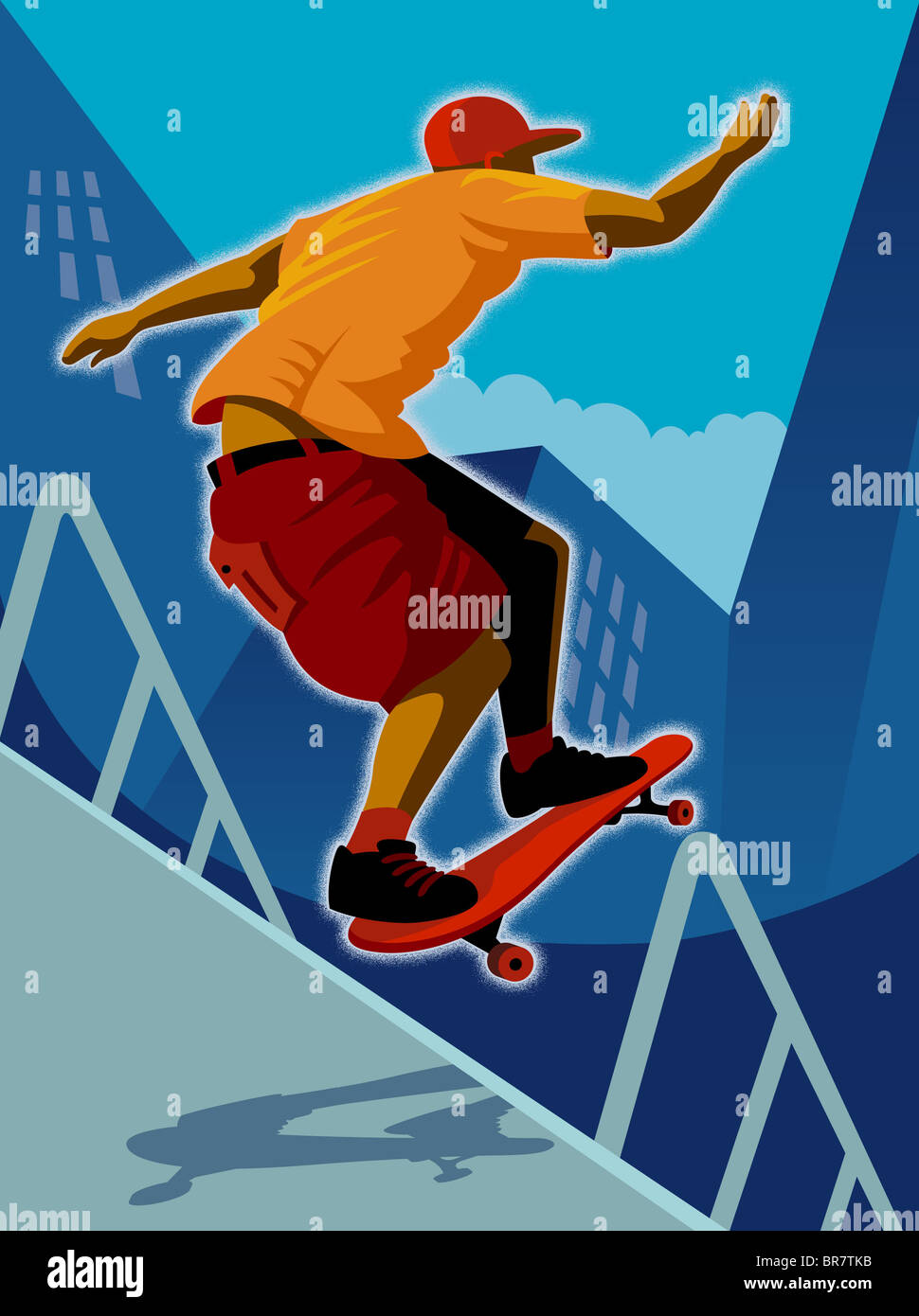 Ein Junge, einen Skateboarden Trick durchführen Stockfoto